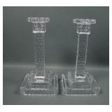 Two Fostoria American Square Step Candlesticks