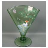 Fenton Green Mry Gregory Style Decorated Fan Vase