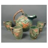 Roseville Green Bushberry Ice Lip Pitcher & 4 Mugs