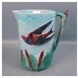 Joseph Holdcraft Majolica Swallow & Cattail Pitchr