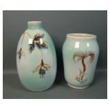 2 Joesph Von Tury Green Porcelain Decorated Vases