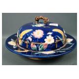 George Jones Majolica Cobalt Covered Muffin Dish