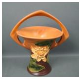Roseville Brown Water Lily Handled Basket