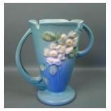 Roseville Art Pottery Blue White Rose Handled Vase