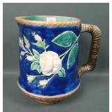 Antique Majilica Cobalt Rose Decorated Pitcher
