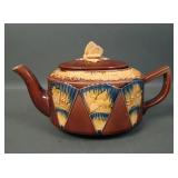 Antique Majolica Crane & Fan Decorated Teapot