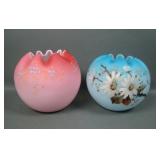 Two Victorian Satin Glass Decorated Rose Bowls