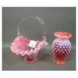 Two Vintage Fenton Cranberry Opal Hobnail Items