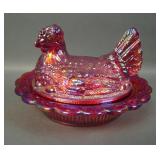 Mosser Red Carnival Glass Hen on Nest