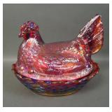 Mosser  Red Carnival Glass Hen on Nest