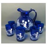 Cobalt Blue Mary Gregory Enameled 7 Pc Water Set
