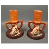 Two Roseville Pottery Brown Freesia Candleholder