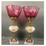 Two Fenton/ LG Wright Rose Decorated Lamps