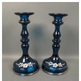 2 Tiffin # 76 Jasper Blue Decorated Candlesticks