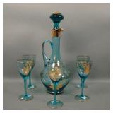 MCM Aqua Gold Decorated 6 Pice Wine Decanter Set