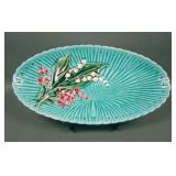 German Majolica Teal Lily Decorated Oval Tray