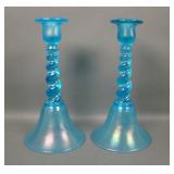 Two U.S. Glass Blue # 315 Spiral Candlesticks