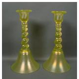 Two U.S. Glass Topaz # 315 Spiral Cadlesticks