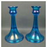 Two N'Wood Blue Trumpet Candlesticks