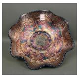 Fenton Blue Two Flowers Ruffled Ftd Bowl