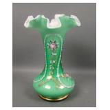 Fenton Charleton Green Overlay Rose Decorated Vase