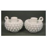 Fenton Hobnail Milk Glass Handled Candle Holders