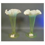 Two Model Flint Vaseline Opal Tri Cornered Vases