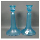 Two U.S. Glass Blue # 310 Flared Base Candlesticks