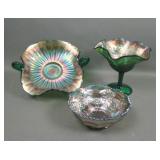 Three Piece Fenton Green Carnival Glass Lot