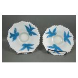 2 Vintage Fenton Custard Enameled Blue Bird Plates