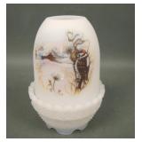 Fenton Satin Downy Woodpecker Decorated Fairy Lamp