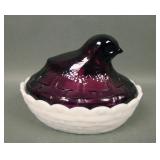 Fenton Amethyst/ Milk Glass Chick on Nest