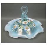 Fenton OOAK Ice Blue Opal Dolphin Ruffle Server