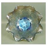 Fenton Blue Peacocks Spatula Ftd Ruffled Bowl