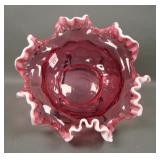 Fenton Cranberry Coin Dot / Snow Crest Rufled Bowl