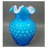 Fenton Blue Overlay Hobnail Ruffled Vase