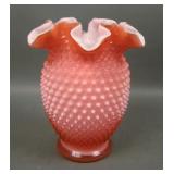 Fenton Coral Overlay Hobnail Ruffled Vase