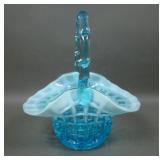 Fenton Blue Opal Waffle Block Handled Basket