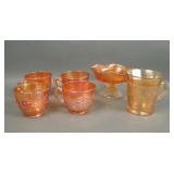 Six Piece Marigold Orange Tree Carnival Glass Lot