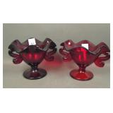 2 Fenton Ruby Dbl Dolphin Ruffled Ftd Compotes