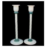 Fry Foval Opal/ Green Threading 12" Candlesticks
