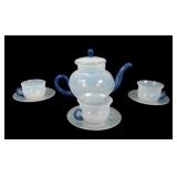 Fry Foval Opal/ Delft Blue Tea Pot W Cups & Saucer