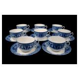 Eight Denton English Flow Blue Cups & Saucers