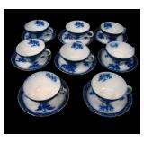 Eight English Flow Blue "Touraine" Cups & Saucers