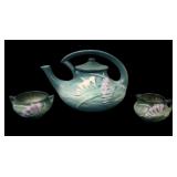 Roseville Pottery Green Freesia 3 Pc Tea Set