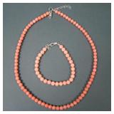 Ladies Round Beaded Coral Necklace & Bracelet