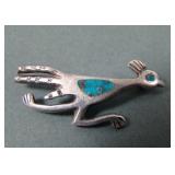 Zuni Sterling & Turquoise Inlaid Road Runner Pin