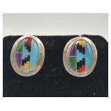 Sterling Silver Inlay Stone Pierced Earrings