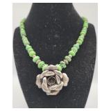Sterling Silver Rose Pendant On Green Turquoise