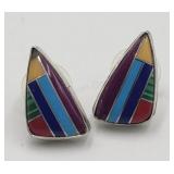 Sterling Silver Inlay Stone Pierced Earrings